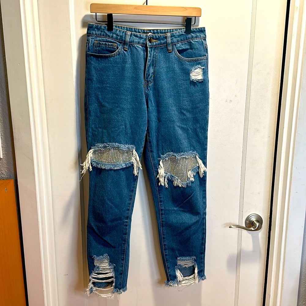 Fashion Nova sparkle detail distressed jeans.